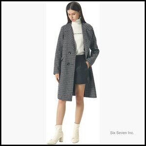 Women's Wool Peacoat with Plaid Pattern Double Breasted Lapel Collar